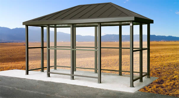 Model ALS612A0H | Hip Roof Bus Shelter with Double Opening (Quaker Bronze)