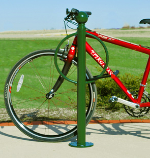 Model BOLCL-2-SF-P | Classic Bollard Bike Rack with Ball Post Cap (Red)