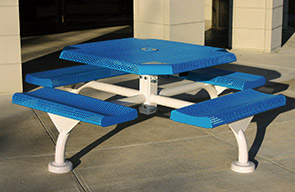 Model JP468-S | 46" Octagonal Thermoplastic Table - 4 Attached Seats - Surface Mount with Optional Covers (Lt. Blue/Clay)