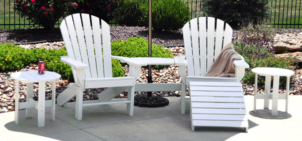 Seaside Adirondack Chairs Joined by a Tete-A-Tete Shown with Two Side Tables