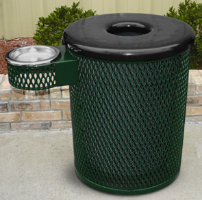 Model R32TR | Expanded Steel Trash Receptacle with Ash Urn Attachment, Flat Top Lid and Liner (Green)