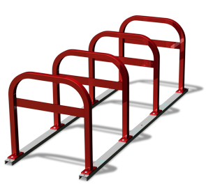 Model UX200-LB-8-P | Extended Square 'U' Commercial Bike Racks on Rails (Red)